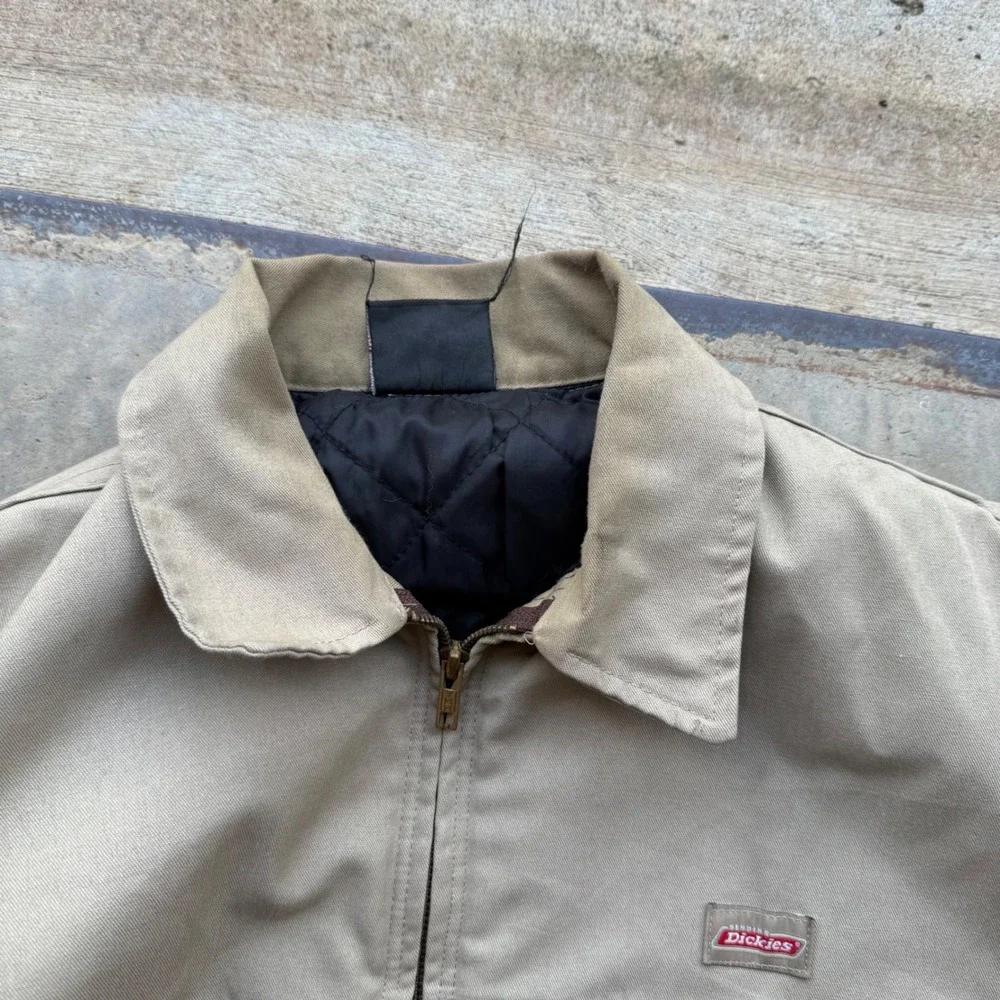 Dickies Mens Two Tone Work Jacket Tan Brown Quilted Lined Canvas Zip Up Large